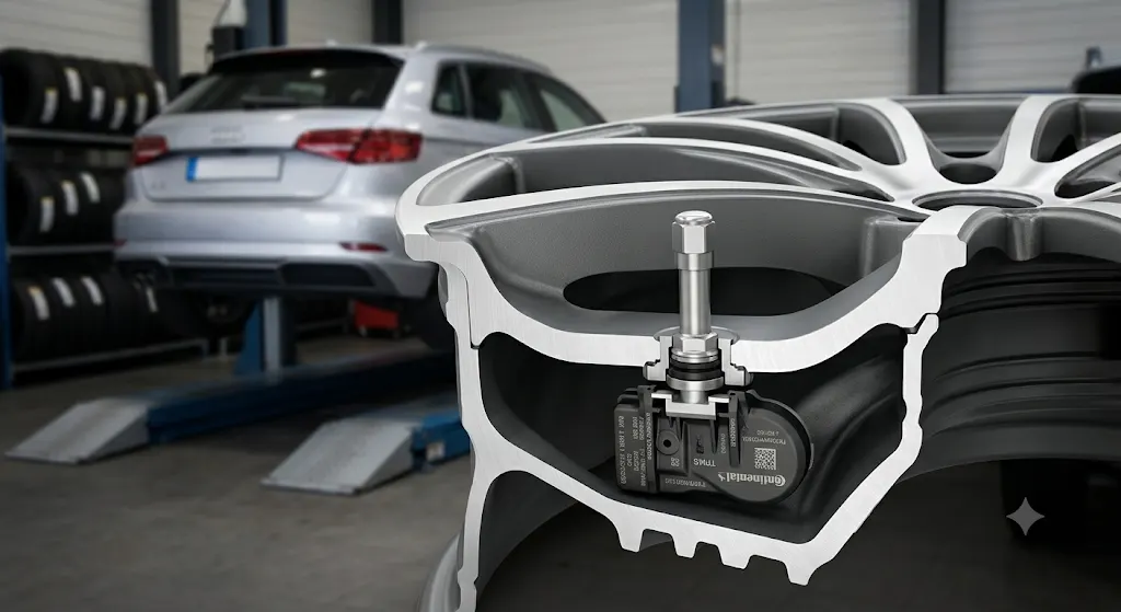 Sensor TPMS instalado en una válvula de neumático en Huelva